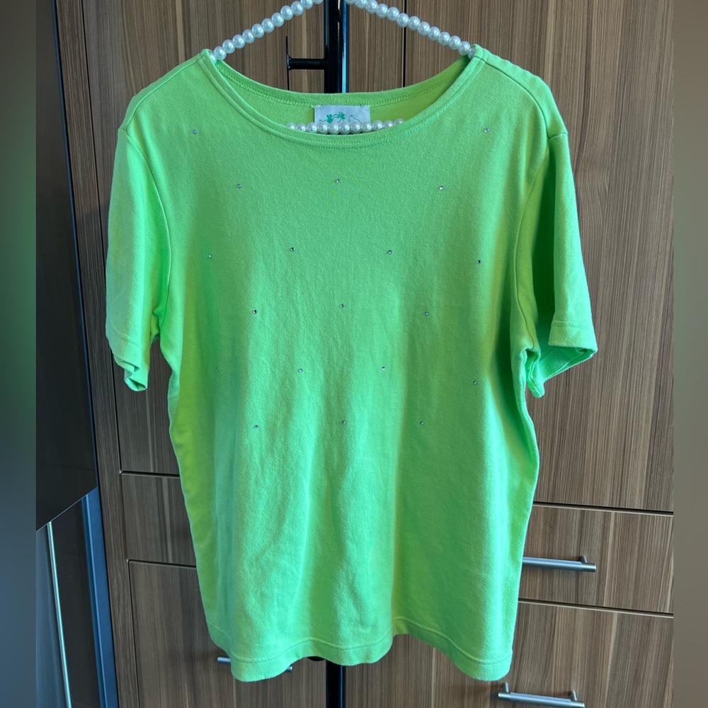 The Quacker Factory Green Embellished 100% Cotton Short Sleeve Top - Size Small - Picture 1 of 6